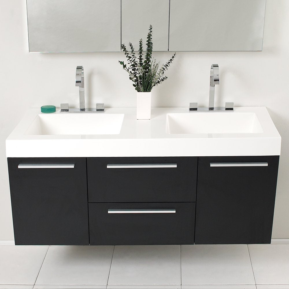 Fresca FVN8013BW Fresca Opulento 54" Black Modern Double Sink Bathroom Vanity w/ Medicine Cabinet