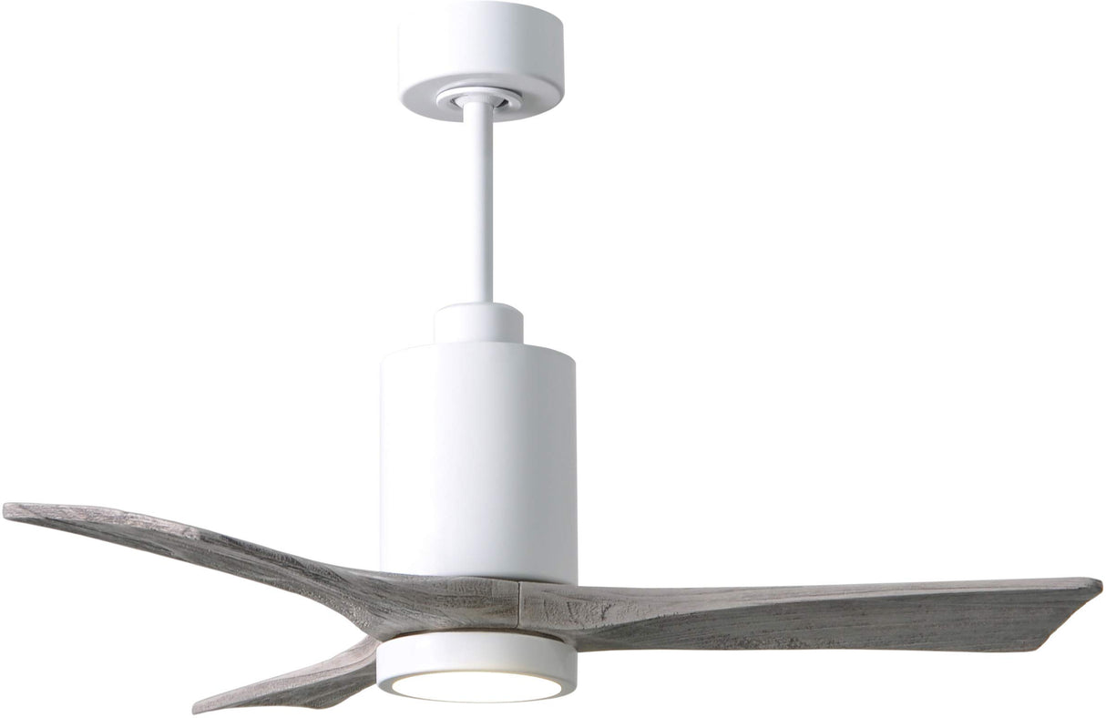 Matthews Fan PA3-WH-BW-42 Patricia-3 three-blade ceiling fan in Gloss White finish with 42” solid barn wood tone blades and dimmable LED light kit 