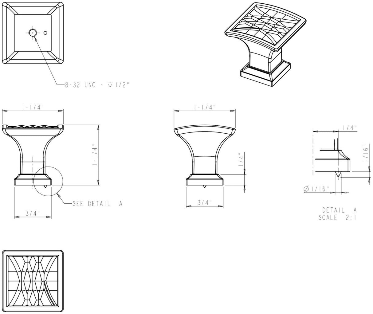 Jeffrey Alexander 535BNBDL 1-1/4" Overall Length Brushed Pewter Square Geometric Pattern Aberdeen Cabinet Knob