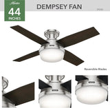 Hunter Fan Dempsey Low Profile Ceiling Fans with Lights and Remote, Flush Mount Ceiling Fan with Lights, Metal, Brushed Nickel Finish, 44 Inch LED