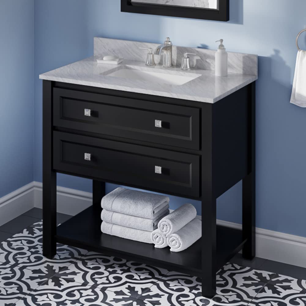 Jeffrey Alexander VKITADL36BKWCR 36" Black Adler Vanity, White Carrara Marble Vanity Top, undermount rectangle bowl