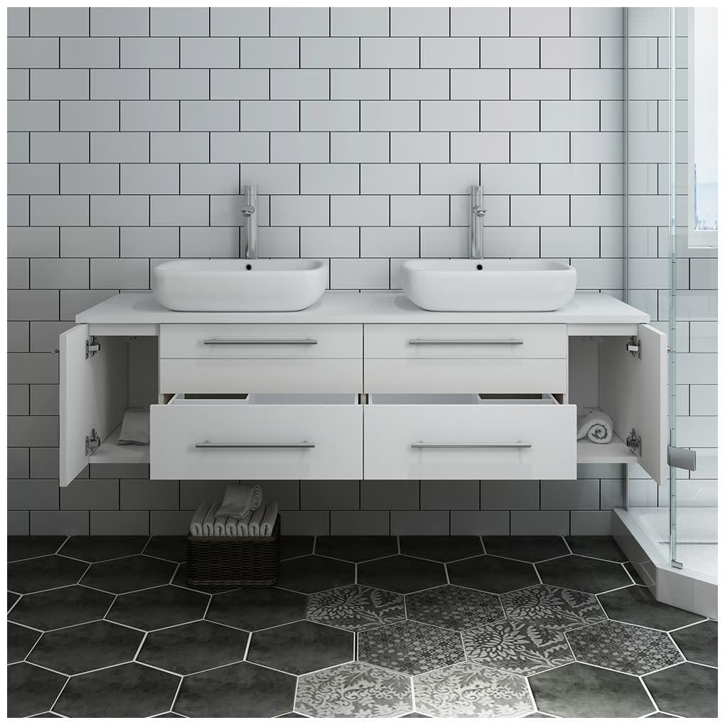 Fresca FCB6160WH-VSL-D-CWH-V Fresca Lucera 60" White Wall Hung Modern Bathroom Cabinet w/ Top & Double Vessel Sinks