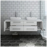 Fresca FCB6160WH-VSL-D-CWH-V Fresca Lucera 60" White Wall Hung Modern Bathroom Cabinet w/ Top & Double Vessel Sinks