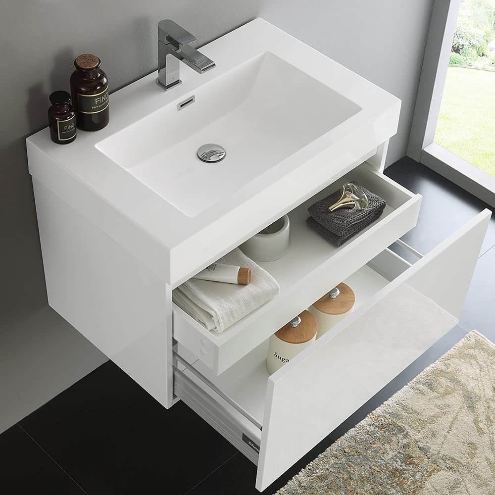 Fresca FCB8007TK-I Fresca Mezzo 30" Teak Wall Hung Modern Bathroom Cabinet w/ Integrated Sink