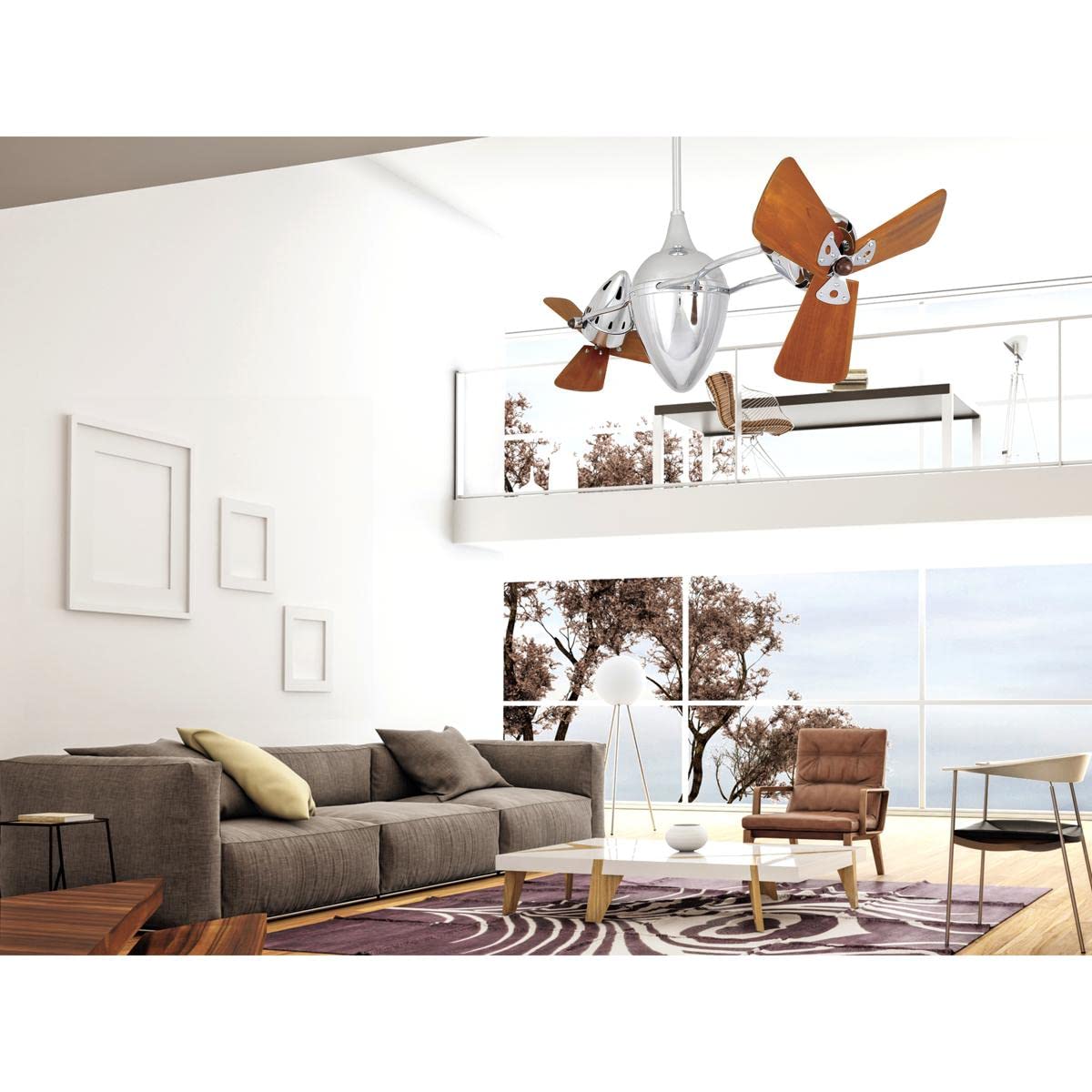 Matthews Fan AR-CR-WD Ar Ruthiane 360° dual headed rotational ceiling fan in polished chrome finish with solid sustainable mahogany wood blades.