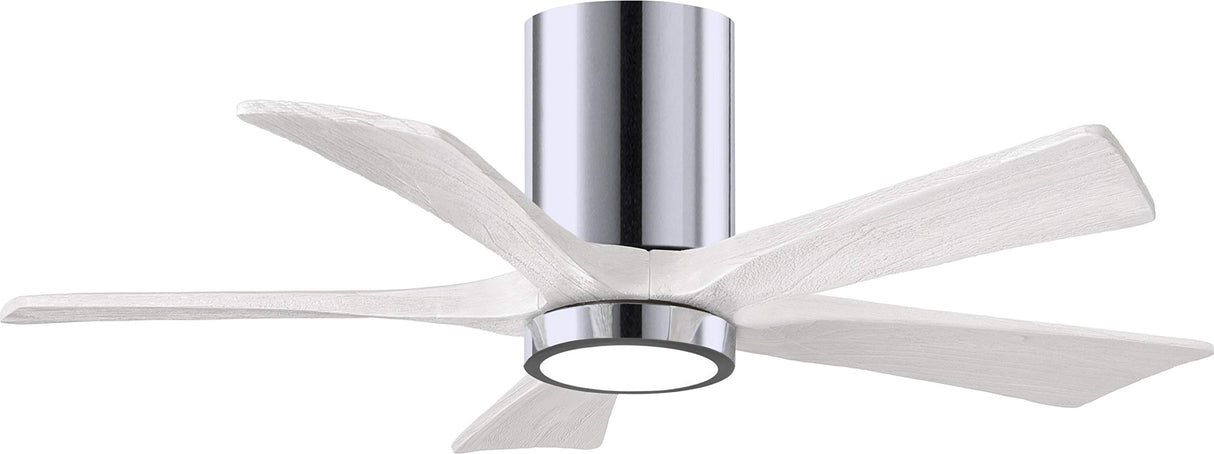 Matthews Fan IR5HLK-CR-MWH-42 IR5HLK five-blade flush mount paddle fan in Polished Chrome finish with 42” solid matte white wood blades and integrated LED light kit.