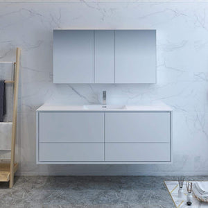 Fresca FVN9260WH-S Fresca Catania 60" Glossy White Wall Hung Single Sink Modern Bathroom Vanity w/ Medicine Cabinet