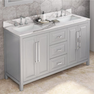 Jeffrey Alexander VKITCAD60GRCQR 60" Grey Cade Vanity, double bowl, Calacatta Vienna Quartz Vanity Top, undermount rectangle bowl