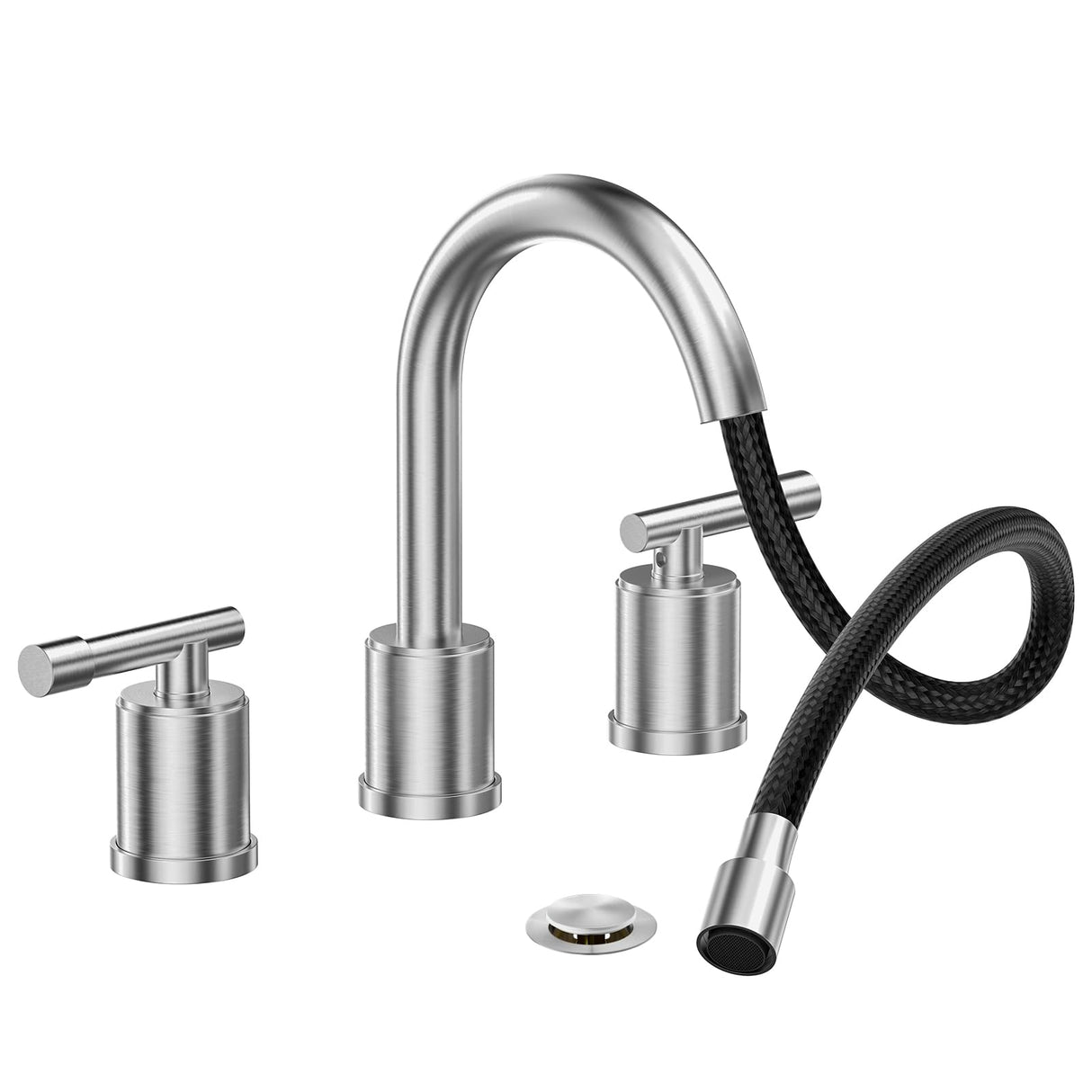 8-Inch Three-Hole Bathroom Faucet with Pull-Down Sprayer, Widespread Design, Metal Pop-Up Drain, Water Supply Lines, and Two Handles
