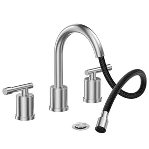 8-Inch Three-Hole Bathroom Faucet with Pull-Down Sprayer, Widespread Design, Metal Pop-Up Drain, Water Supply Lines, and Two Handles