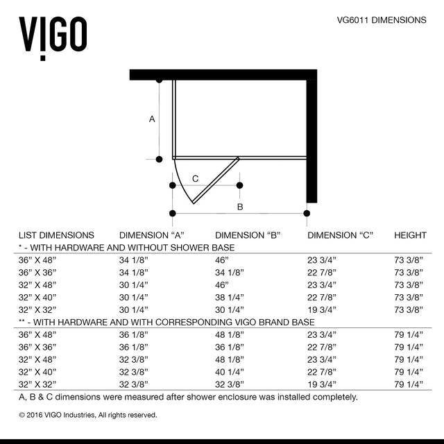 VIGO 32 in. x 32 in. x 79 in. Monteray Frameless Hinged Rectangle Shower Enclosure with Clear 0.38" Tempered Glass and Hardware in Brushed Nickel Finish with Left Handle and Base - VG6011CHCL32W