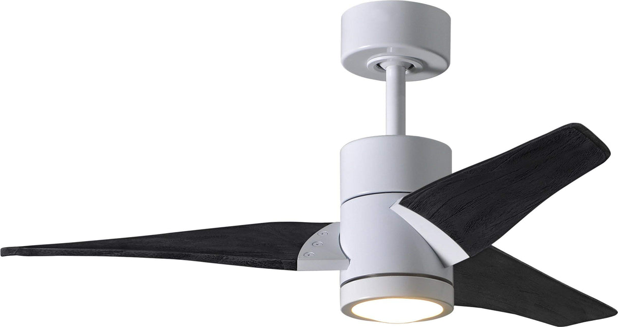 Matthews Fan SJ-WH-BK-42 Super Janet three-blade ceiling fan in Gloss White finish with 42” solid matte blade wood blades and dimmable LED light kit 