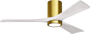 Matthews Fan IR3HLK-BRBR-MWH-52 Irene-3HLK three-blade flush mount paddle fan in Brushed Brass finish with 52” solid matte white wood blades and integrated LED light kit.