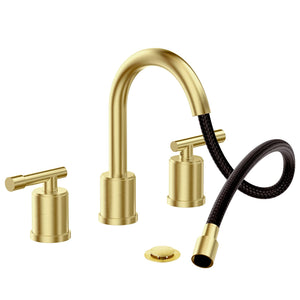 8-Inch Three-Hole Bathroom Faucet with Pull-Down Sprayer, Widespread Design, Metal Pop-Up Drain, Water Supply Lines, and Two Handles