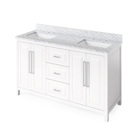 Jeffrey Alexander VKITCAD60WHBOR 60" White Cade Vanity, double bowl, Boulder Cultured Marble Vanity Top, undermount rectangle bowl