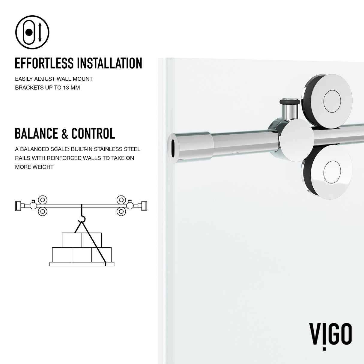 VIGO Adjustable 48 - 52 in. W x 74 in. H Frameless Sliding Rectangle Shower Door with Clear Tempered Glass and Stainless Steel Hardware in Chrome Finish with Reversible Handle - VG6041CHCL5274