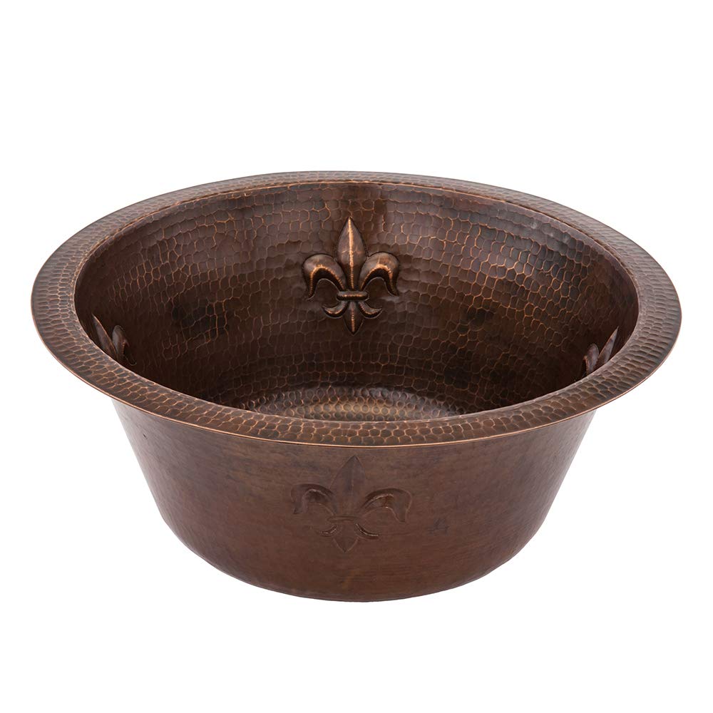 Premier Copper Products BR16FDB2 16-Inch Universal Round Copper with Fleur De Lis Bar Sink and 2-Inch Drain Size, Oil Rubbed Bronze