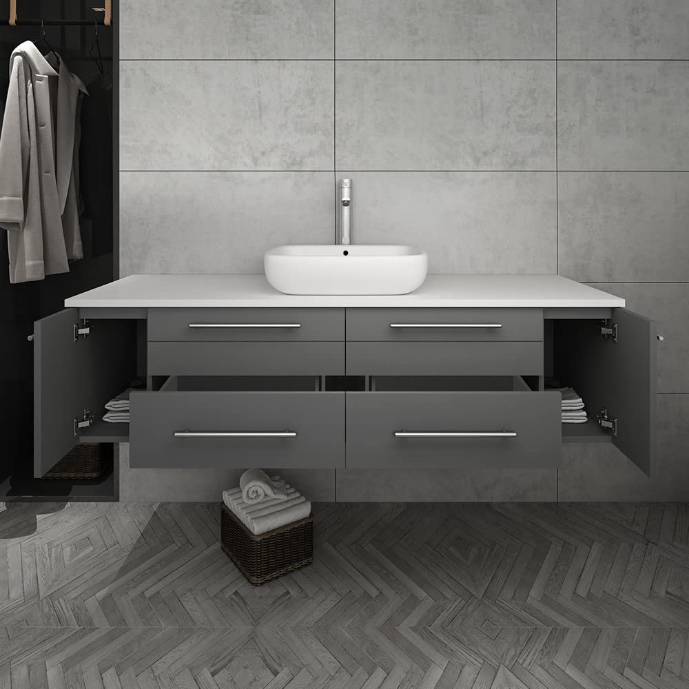 Fresca FCB6160ES-VSL-CWH-V Fresca Lucera 60" Espresso Wall Hung Modern Bathroom Cabinet w/ Top & Single Vessel Sink