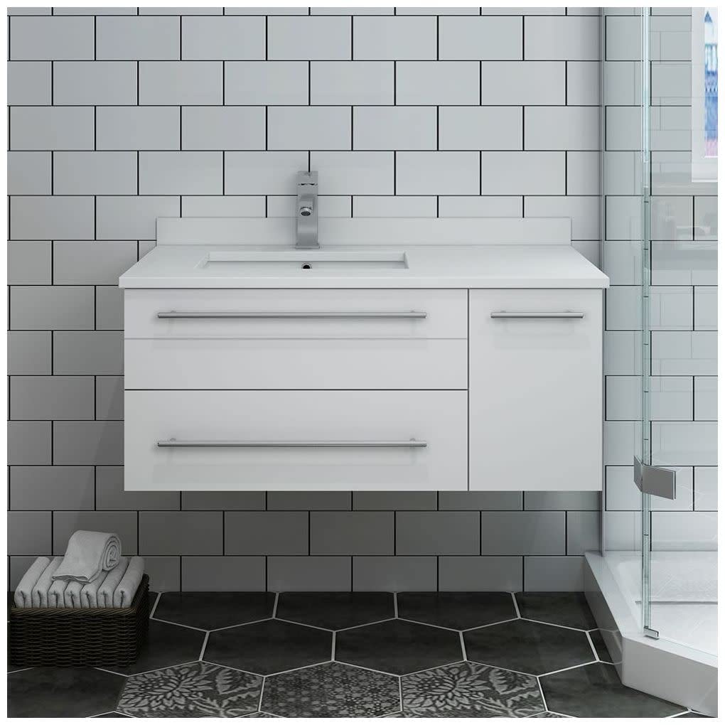 Fresca FCB6136RBL-UNS-L-CWH-U Fresca Lucera 36" Royal Blue Wall Hung Modern Bathroom Cabinet w/ Top & Undermount Sink - Left Version