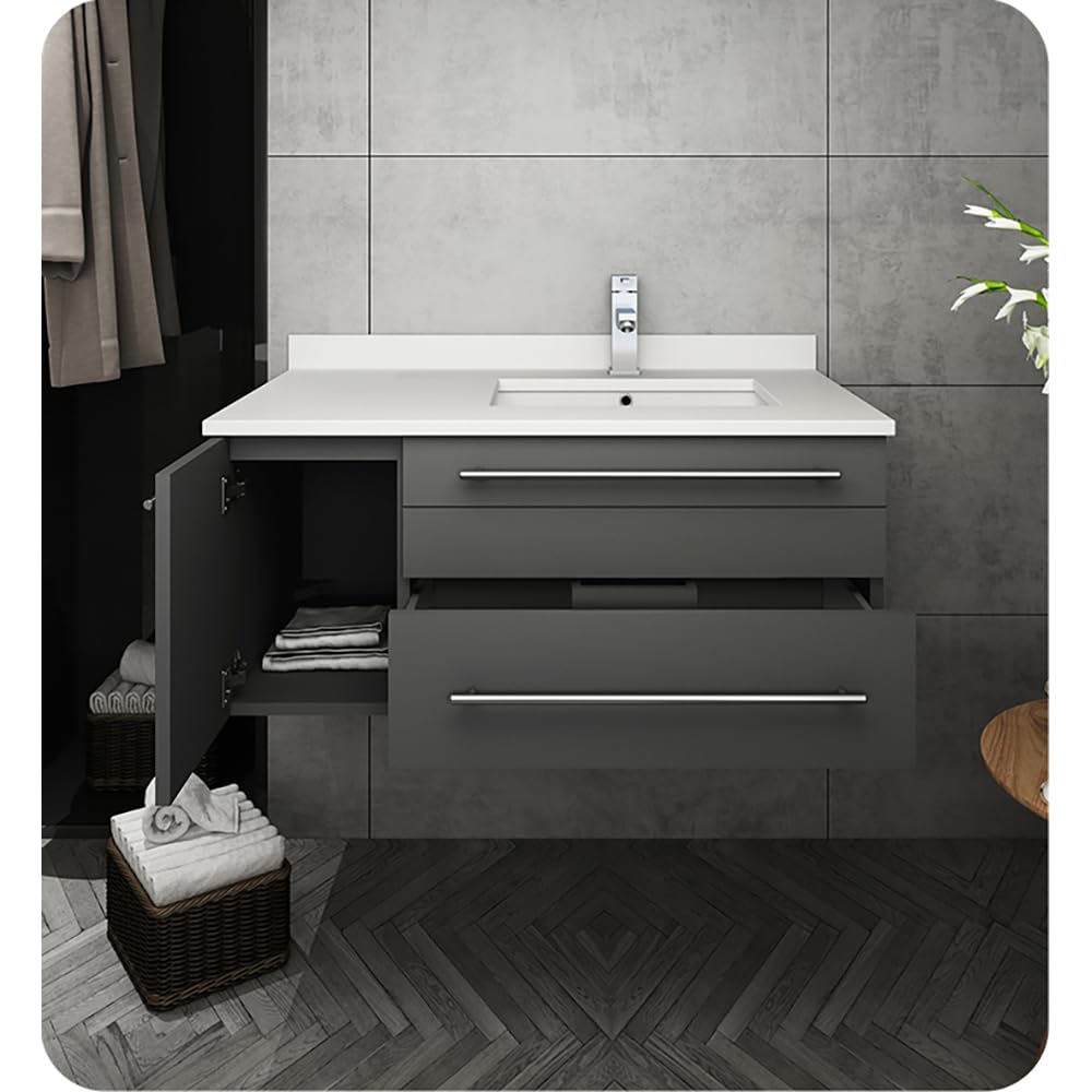 Fresca FCB6136GR-UNS-R-CWH-U Fresca Lucera 36" Gray Wall Hung Modern Bathroom Cabinet w/ Top & Undermount Sink - Right Version