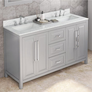 Jeffrey Alexander VKITCAD60GRWCR 60" Grey Cade Vanity, double bowl, White Carrara Marble Vanity Top, undermount rectangle bowl