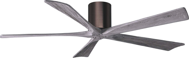Matthews Fan IR5H-BB-BW-60 Irene-5H five-blade flush mount paddle fan in Brushed Bronze finish with 60” solid barn wood tone blades. 