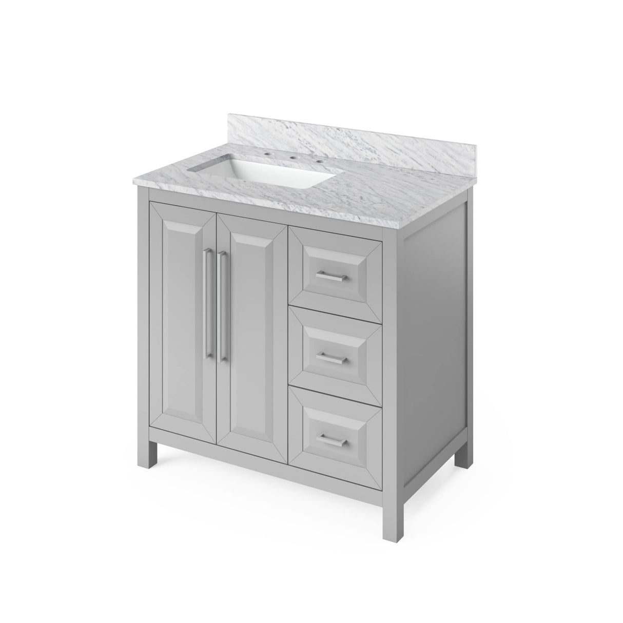 Jeffrey Alexander VKITCAD36GNSGR 36" Forest Green Cade Vanity, left offset, Steel Grey Cultured Marble Vanity Top, undermount rectangle bowl