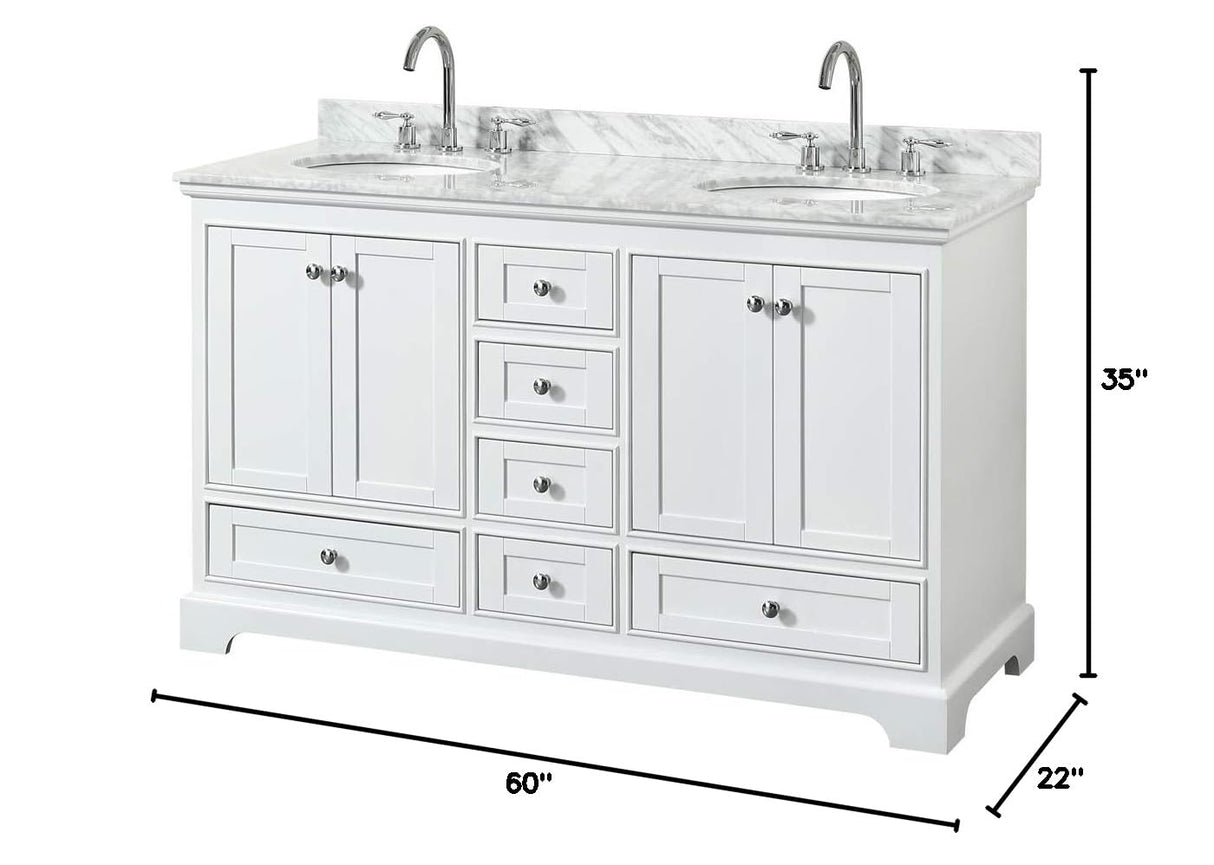 Deborah 60 Inch Double Bathroom Vanity in White White Carrara Marble Countertop Undermount Oval Sinks and No Mirrors