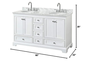 Deborah 60 Inch Double Bathroom Vanity in White White Carrara Marble Countertop Undermount Oval Sinks and No Mirrors