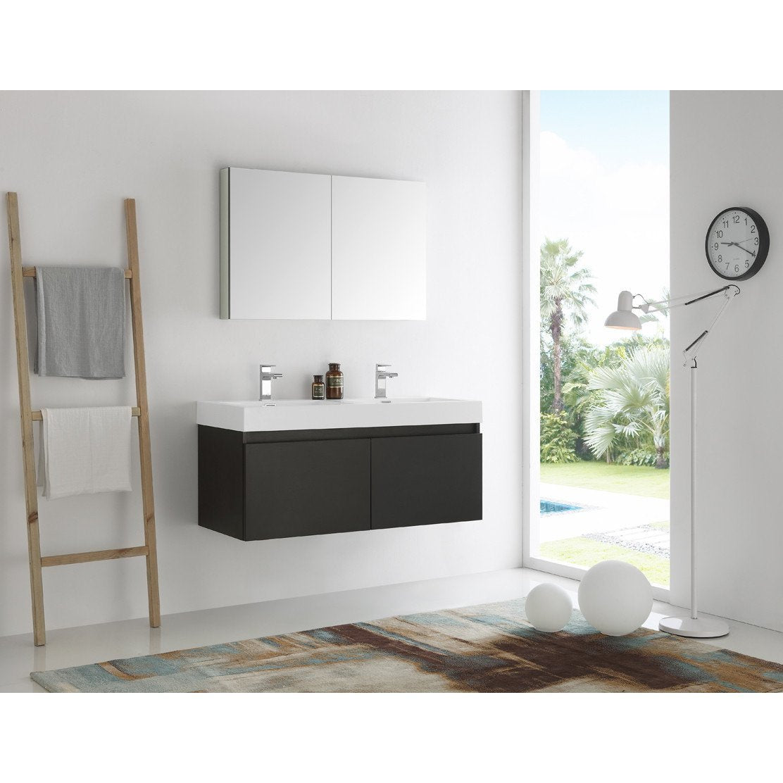 Fresca FVN8012BW Fresca Mezzo 48" Black Wall Hung Double Sink Modern Bathroom Vanity w/ Medicine Cabinet