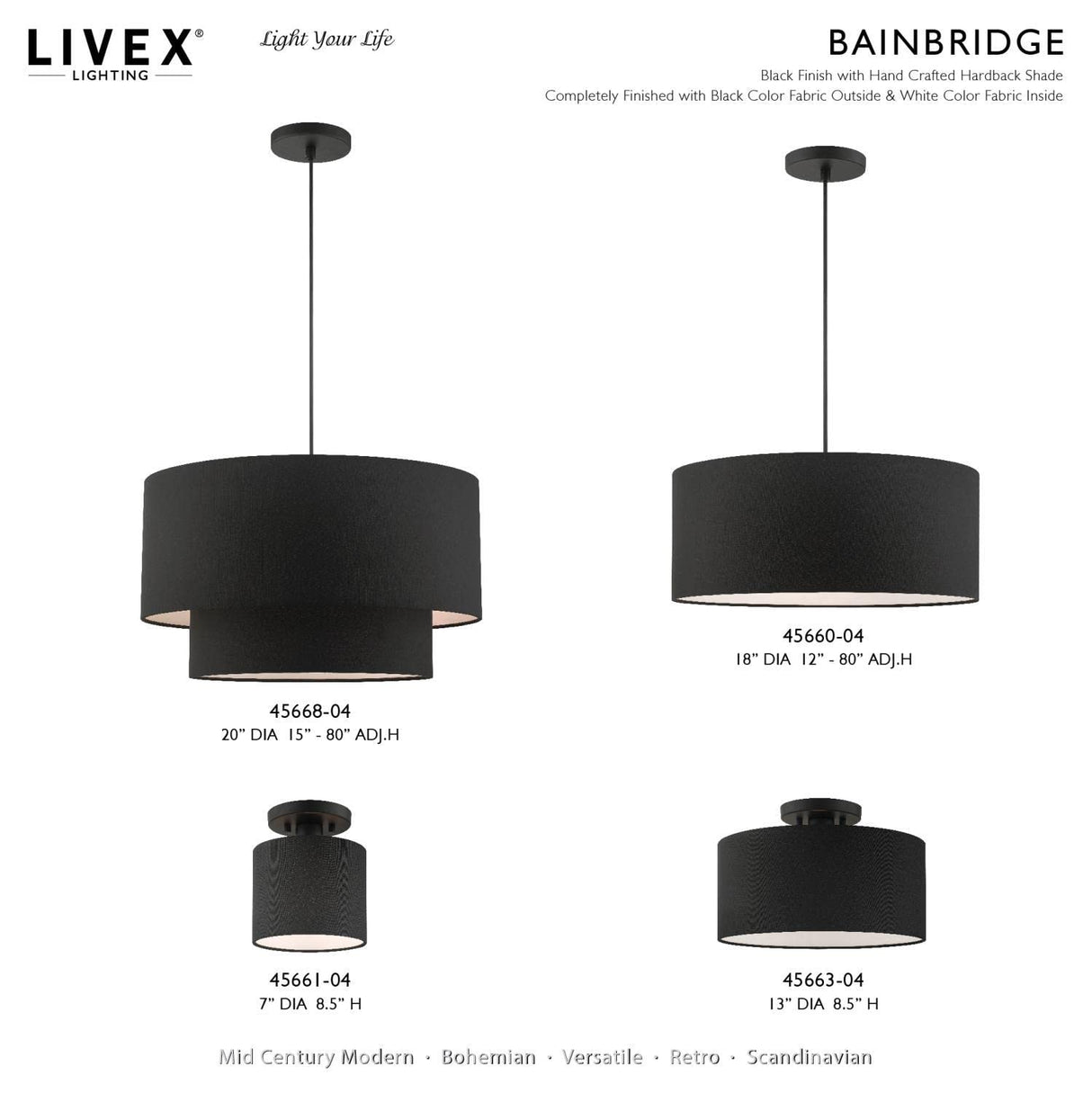 Livex Lighting Bainbridge 1 Light Black Color Fabric Ceiling Mount