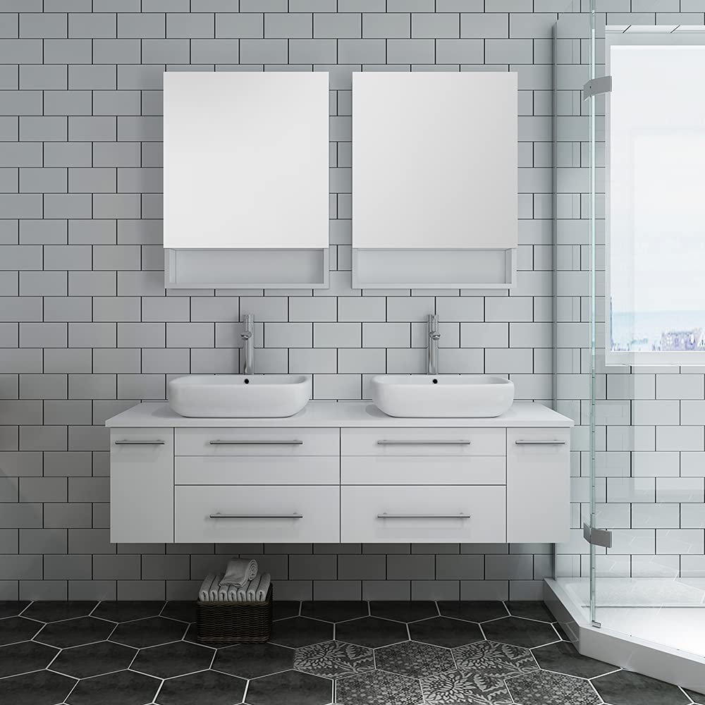 Fresca FVN6160GR-VSL-D Fresca Lucera 60" Gray Wall Hung Double Vessel Sink Modern Bathroom Vanity w/ Medicine Cabinets