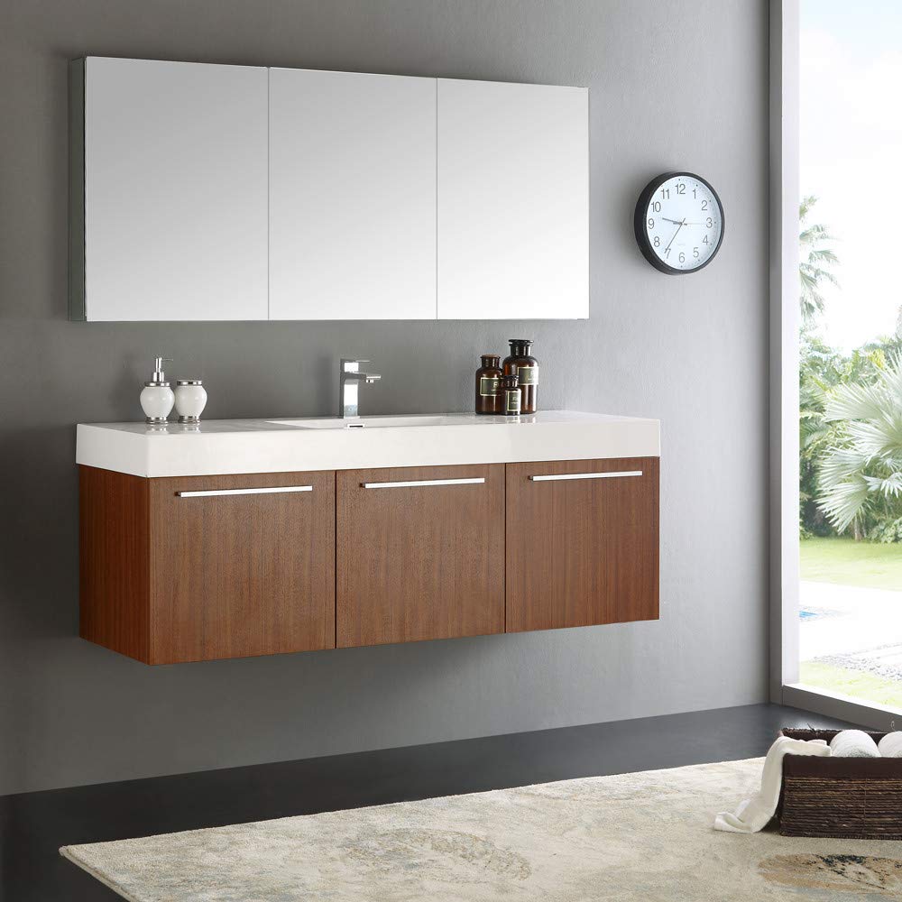 Fresca FVN8093GW Fresca Vista 60" Walnut Wall Hung Single Sink Modern Bathroom Vanity w/ Medicine Cabinet