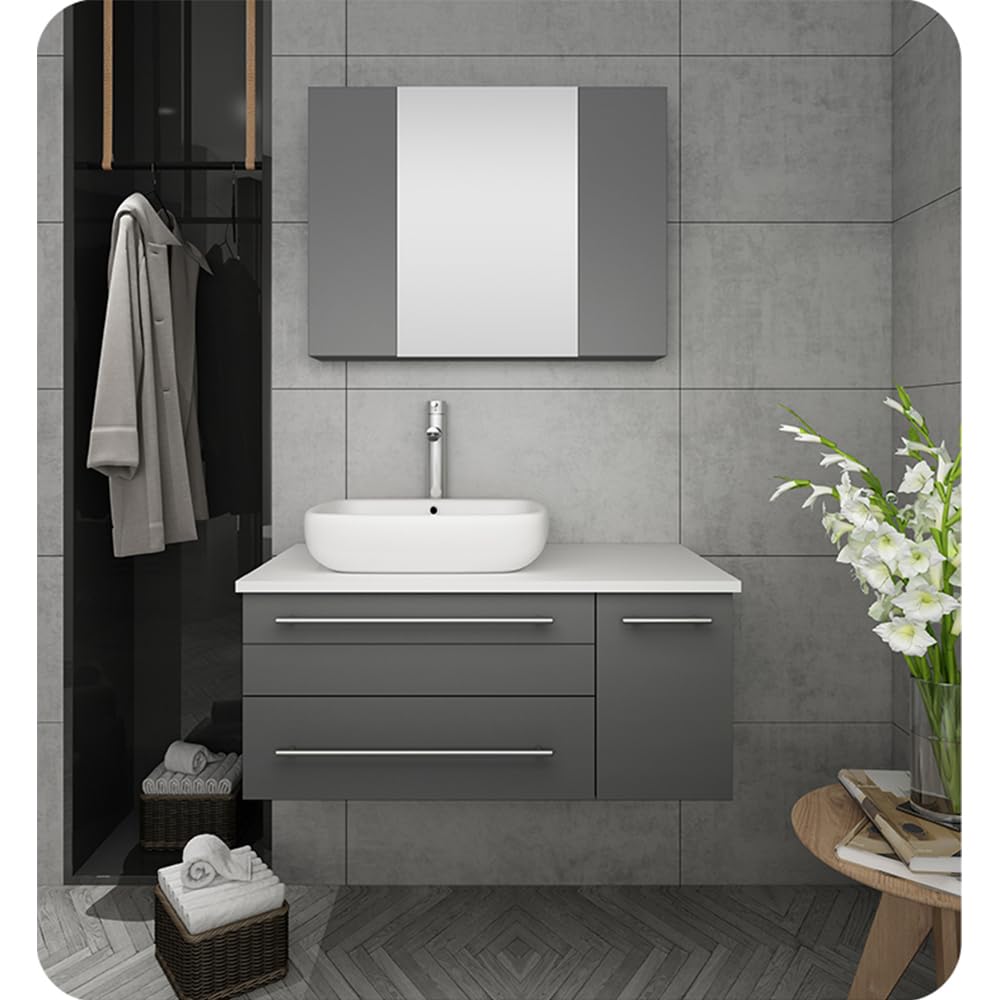 Fresca FVN6136GR-VSL-L Fresca Lucera 36" Gray Wall Hung Vessel Sink Modern Bathroom Vanity w/ Medicine Cabinet - Left Version