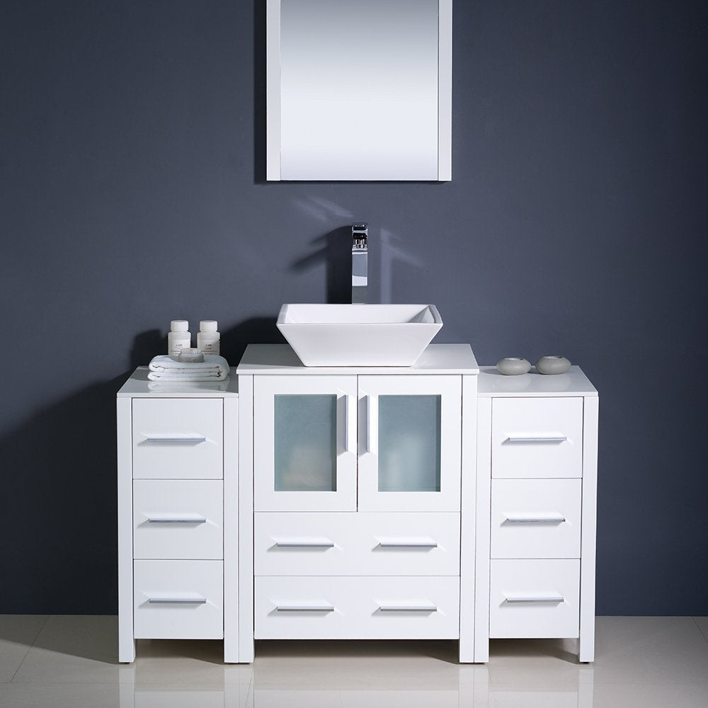 Fresca FVN62-122412WH-VSL Fresca Torino 48" White Modern Bathroom Vanity w/ 2 Side Cabinets & Vessel Sink