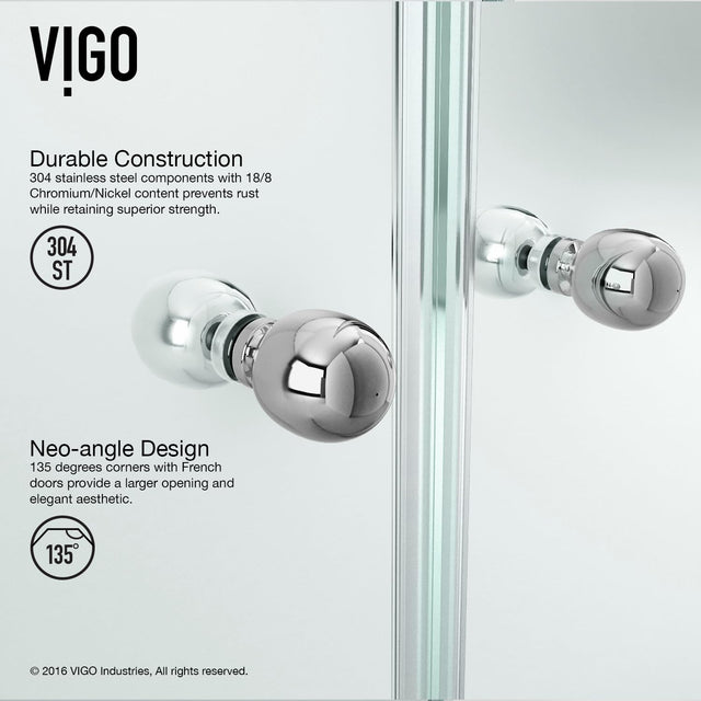 VIGO VG6063CHCL42 40.0" -40.0" W -73.38" H Frameless Hinged Neo-angle Shower Enclosure with Clear 0.38" Tempered Glass and Stainless Steel Hardware in Chrome Finish with Reversible Handle