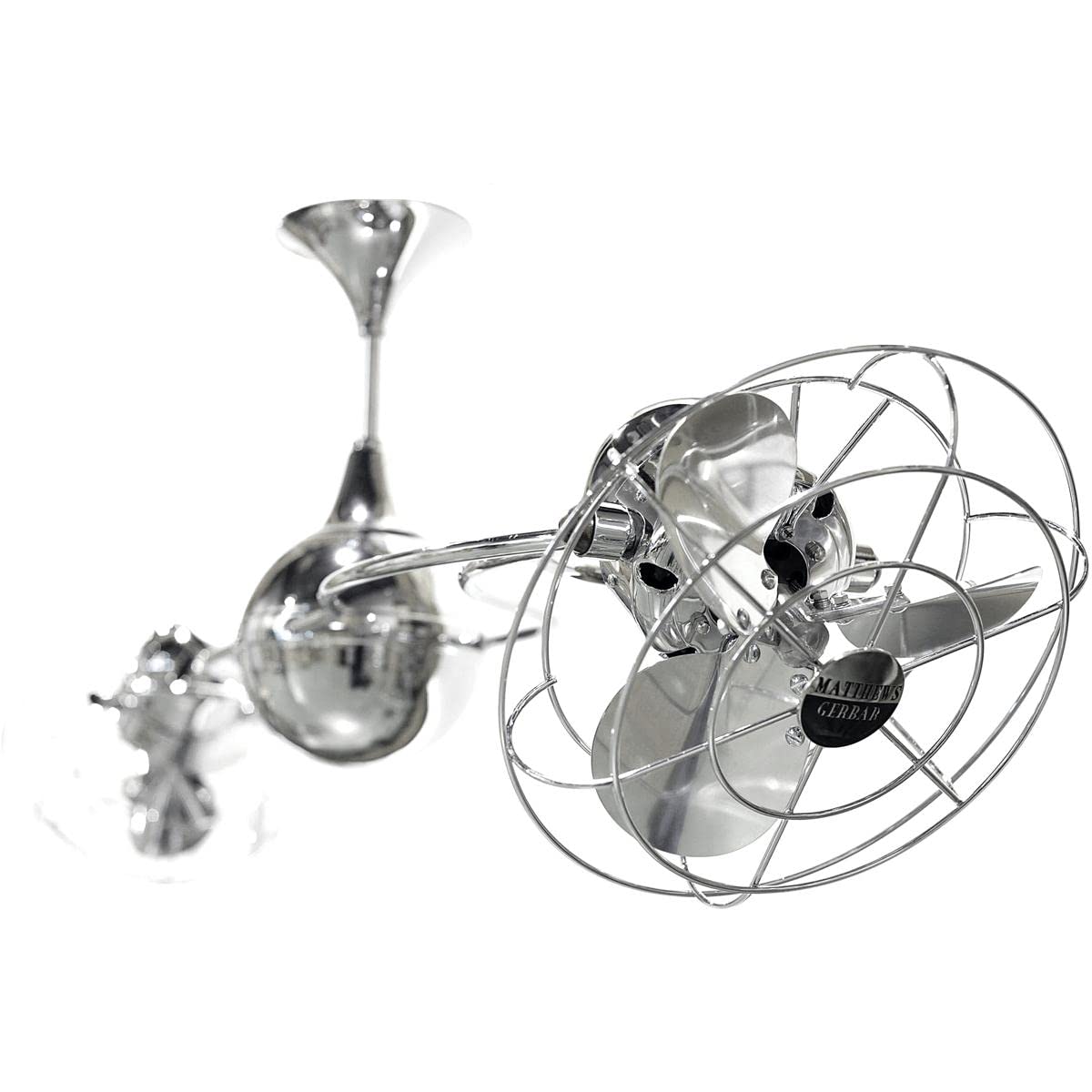 Matthews Fan IV-CR-MTL-DAMP Italo Ventania 360° dual headed rotational ceiling fan in polished chrome finish with metal blades for damp location.