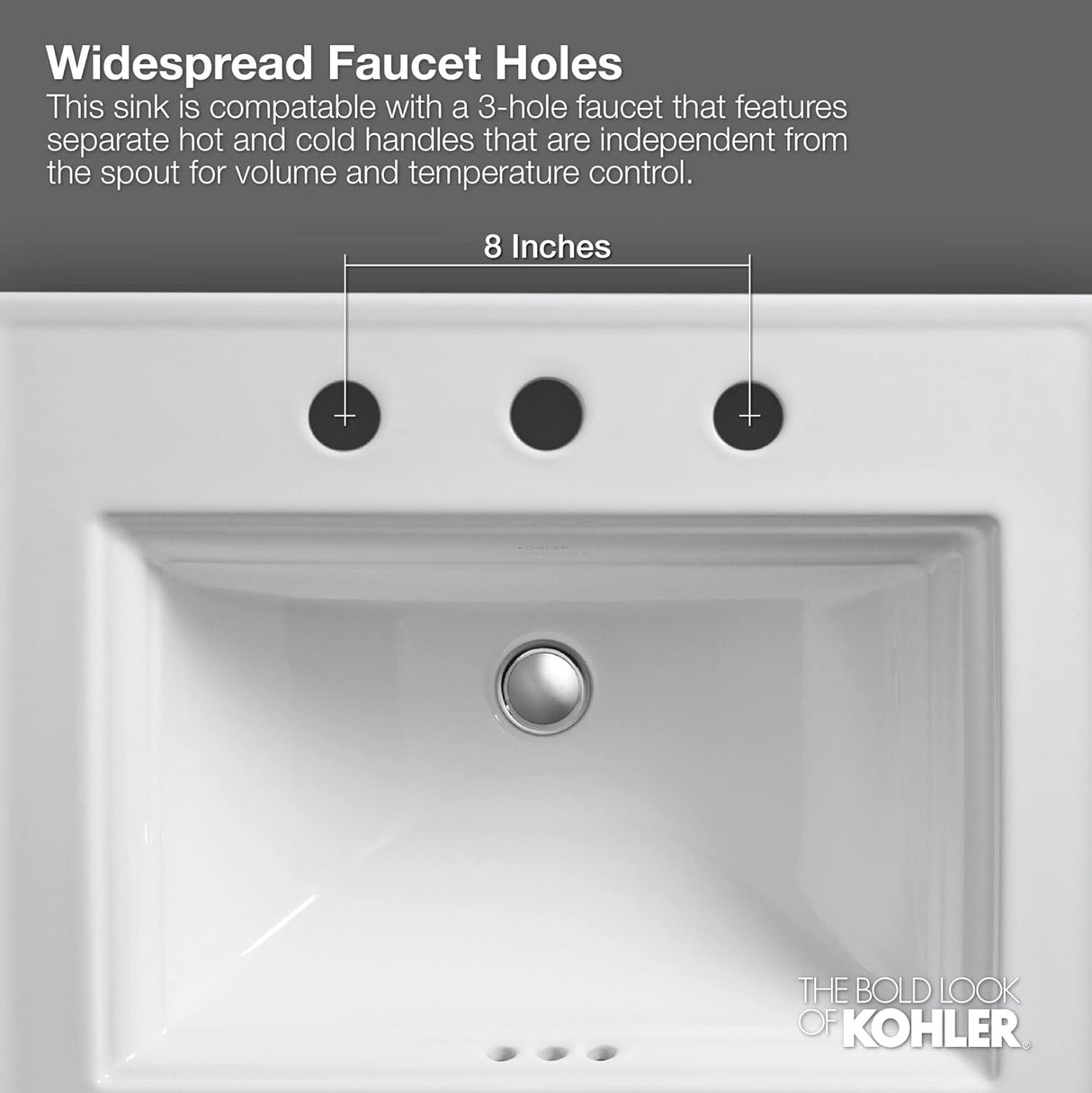 KOHLER K-2337-8-17 Memoirs Stately Rectanglar Drop in Bathroom Sink, 22 3/4", White