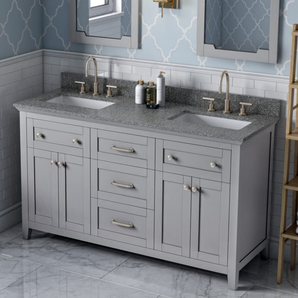 Jeffrey Alexander VKITCHA60GRBOR 60" Grey Chatham Vanity, double bowl, Boulder Cultured Marble Vanity Top, two undermount rectangle bowls