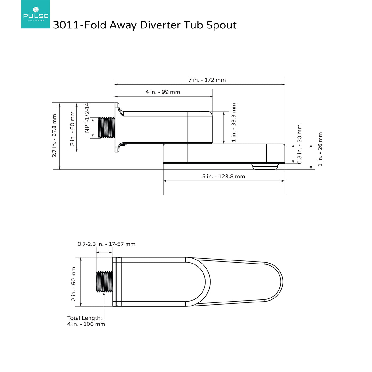 PULSE ShowerSpas 3011-TS-CH Fold Away Tub Spout and Diverter, 1/2" NPT Connection, Polished Chrome