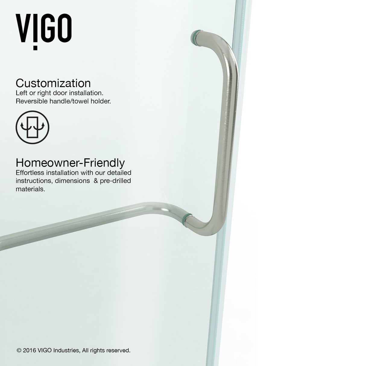 VIGO Adjustable 54 - 60 in. W x 72 in. H Frameless Pivot Rectangle Shower Door with Clear Tempered Glass and St. Steel Hardware in Brushed Nickel Finish with Reversible Handle - VG6042BNCL60