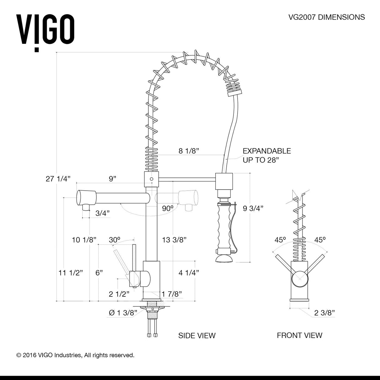 VIGO VG02007CHK1 27" H Zurich Single-Handle with Pull-Down Sprayer Kitchen Faucet with Deck Plate in Chrome