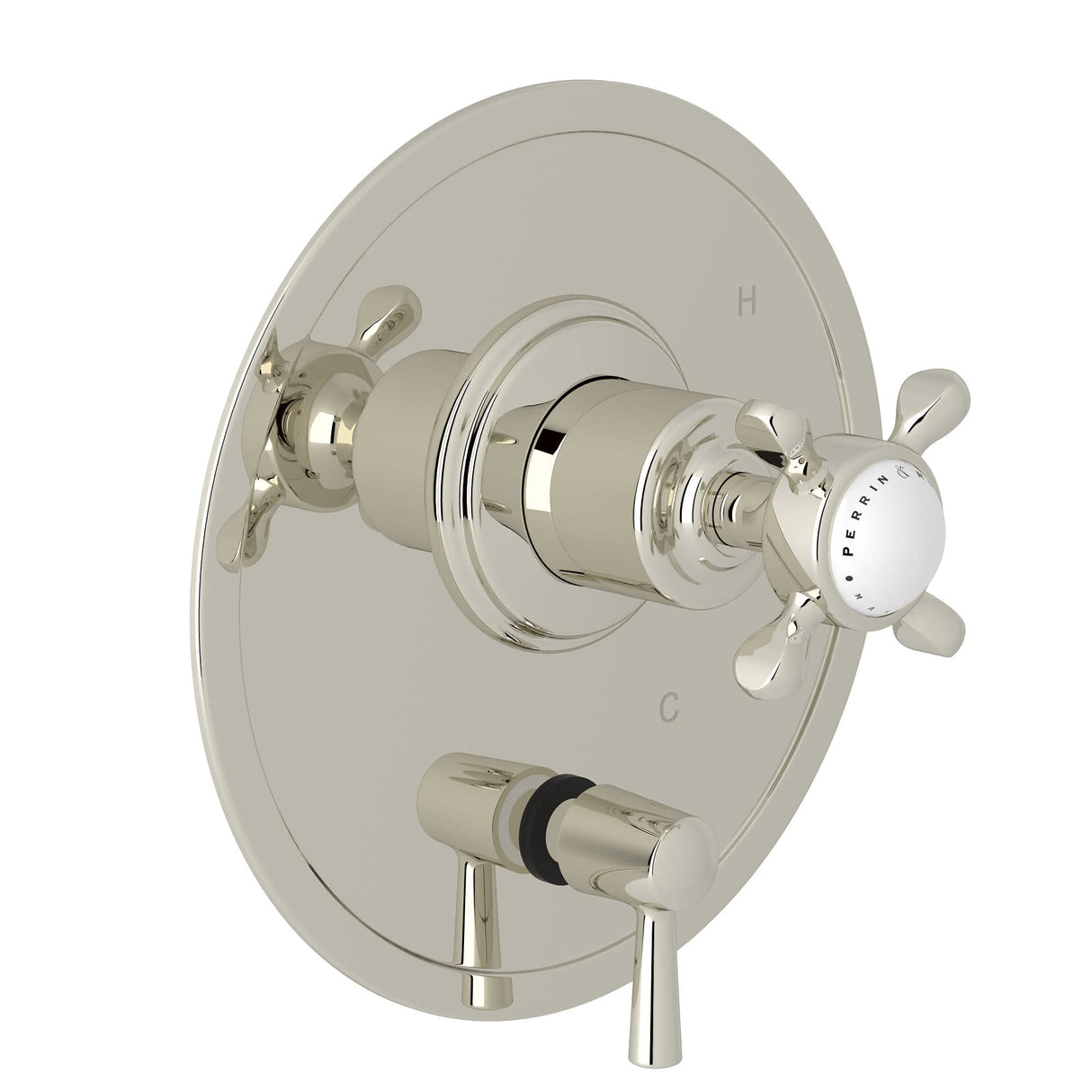 Perrin & Rowe® Edwardian 1/2" Pressure Balance Trim With Diverter with Cross Handles in Polished Nickel