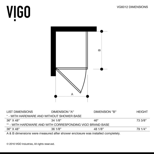 VIGO VG6012BNCL36WL 48.13" -36.13" W -78.75" H Frameless Hinged Rectangle Shower Enclosure with Clear 0.38" Tempered Glass and Stainless Steel Hardware in Brushed Nickel Finish and Base
