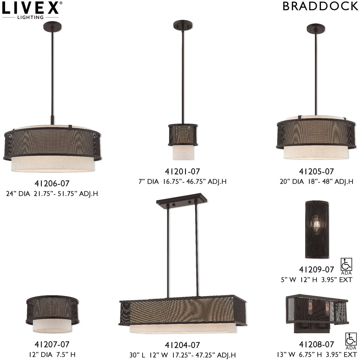 Livex Lighting 41204-07 Braddock - Three Light Linear Chandelier, Bronze Finish with Bronze Stainless Steel Mesh/Oatmeal Fabric Shade