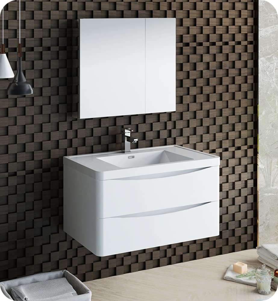 Fresca FCB9036WH-I Fresca Tuscany 36" Glossy White Wall Hung Modern Bathroom Cabinet w/ Integrated Sink