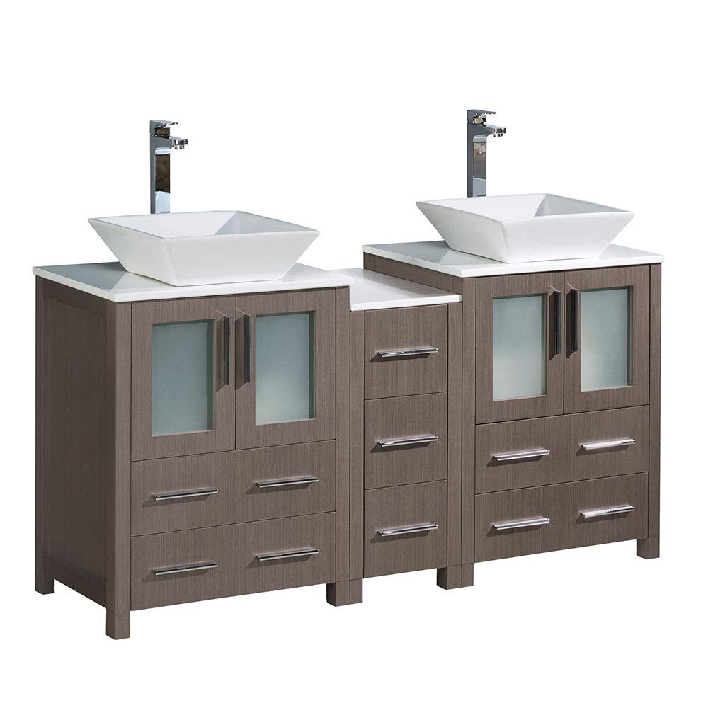 Fresca FCB62-241224GO-CWH-V Fresca Torino 60" Gray Oak Modern Double Sink Bathroom Cabinets w/ Tops & Vessel Sinks