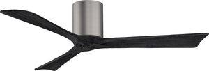Matthews Fan IR3H-BP-BK-52 Irene-3H three-blade flush mount paddle fan in Brushed Pewter finish with 52” solid matte black wood blades. 