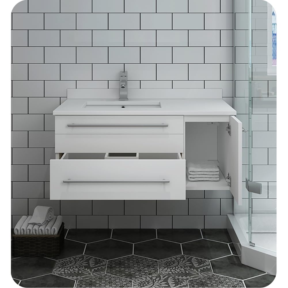 Fresca FCB6136WH-UNS-L-CWH-U Fresca Lucera 36" White Wall Hung Modern Bathroom Cabinet w/ Top & Undermount Sink - Left Version