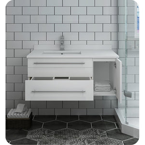 Fresca FCB6136WH-UNS-L-CWH-U Fresca Lucera 36" White Wall Hung Modern Bathroom Cabinet w/ Top & Undermount Sink - Left Version